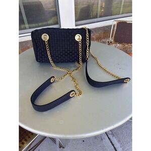 Inge Christopher Navy Blue Woven Ribbon Shoulder Bag Gold Chain Strap
